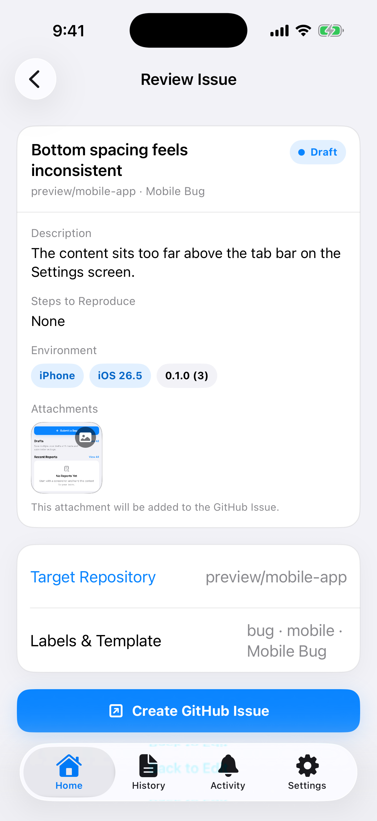 BugSnap review screen showing a structured GitHub Issue